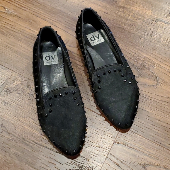 Dolce Vita Leather & Black Fur/Studded Loafers Size 7.5 - Picture 1 of 5